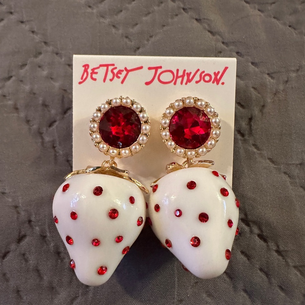 Betsey Johnson White Strawberry Gem Earrings